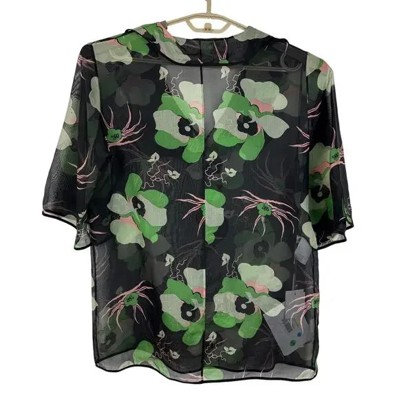 MARNI Black Green Floral Ruffle V-neck Blouse silk organza sheer fairy preppy
